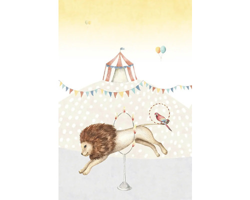 Illustration av en cirkusscen med tält, lejon, papegoja och ballonger