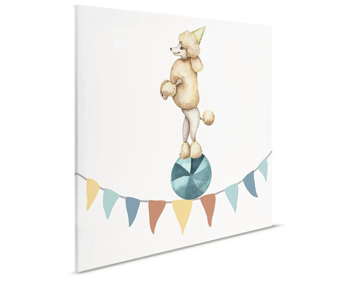 Canvastavla med en pudel som balanserar på en boll i en cirkusscen