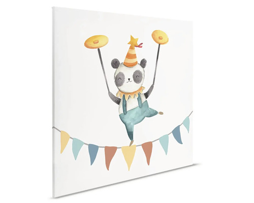 Canvastavla med en panda som cirkusartist som balanserar på en lina och snurrar tallrikar.