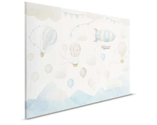 Canvas med ballonger, luftskepp, moln och berg