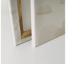 Detaljvy av två dukar med molnmotiv och träram