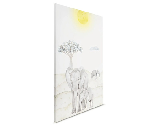 Canvastavla med elefantfamilj och träd