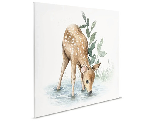 Canvasmålning med akvarellteckning av en rådjur som dricker vid en bäck
