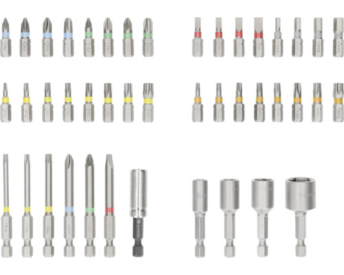 Olika skruvbits och magnetiska hylsnycklar i olika storlekar.