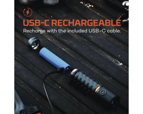 USB-C uppladdningsbar ficklampa med batteri och laddkabel