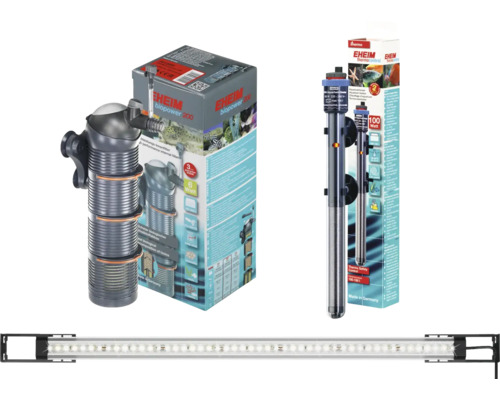 Akvariumset med innerfilter, akvarievärmare och LED-lampa