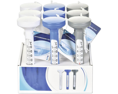 Flytande termometrar i olika färger för att mäta vattentemperaturen