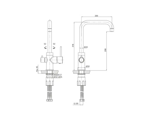 Teknisk ritning av en köksblandare med måttangivelser