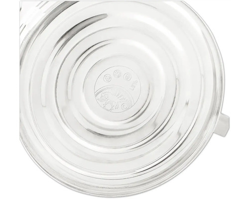 Undersida av ett dricksglas med markeringar och logotyp