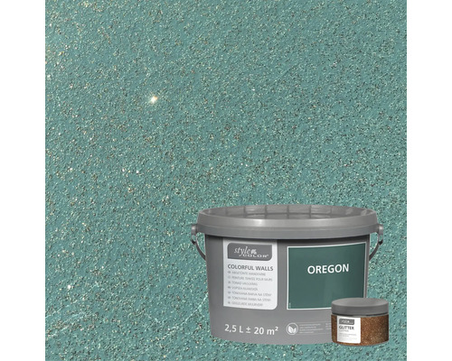 En burk väggfärg med glittertillsats framför en målad vägg