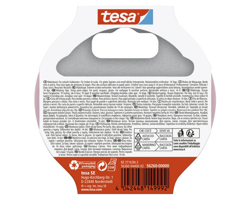 Tesa logotyp. Symbol för 85 procent återvunnen förpackning. Återvinningssymboler för förpackningskomponenter. 12 meters tejplängd.
