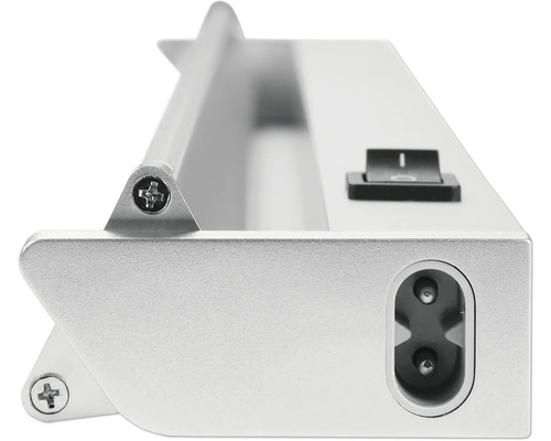 Detaljvy av en silverfärgad bänkbelysning med strömbrytare och strömanslutning