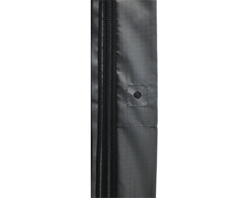 Detaljvy av en dragkedja med förstärkt tyg och öljet