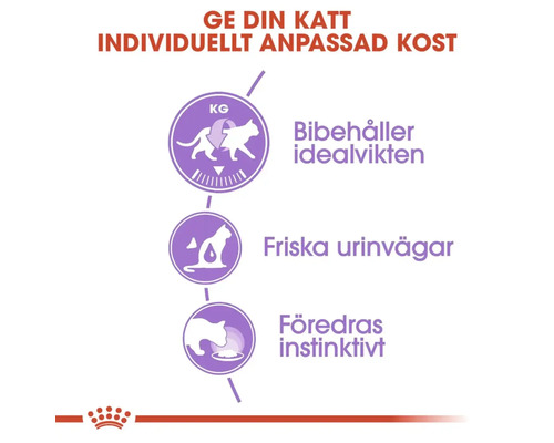 Symboler för kattmat: Bibehåller idealvikt, friska urinvägar, instinktiv preferens