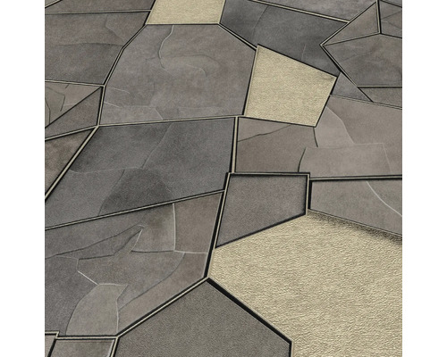 Närbild av oregelbundet formade, grå och sandfärgade gatstenar med mörka fogar