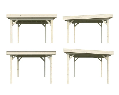 Olika vyer av en träcarport med platt tak och pulpettak