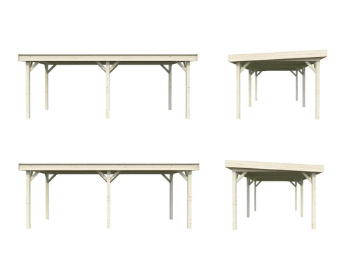 Olika träcarportar med platt och sadeltak