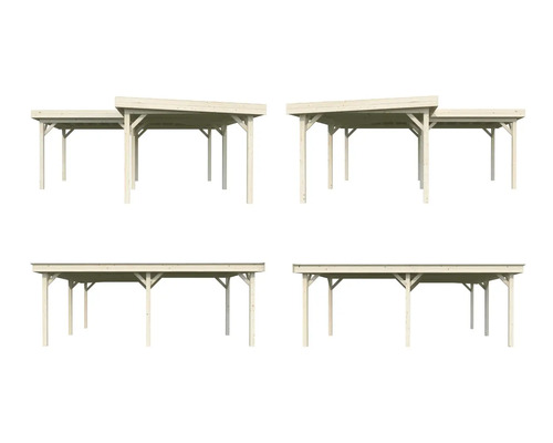 Illustration av fyra träcarportar i olika vyer.