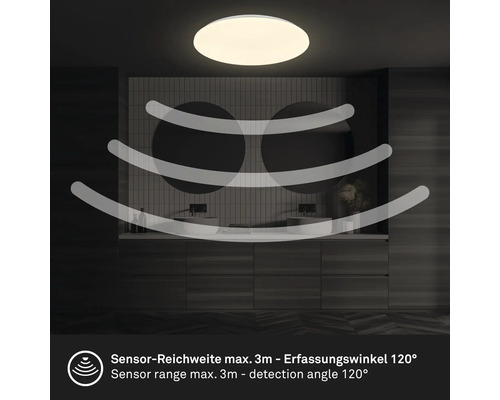 Taklampa med sensor i badrummet, sensorräckvidd maximalt tre meter, detekteringsvinkel 120 grader