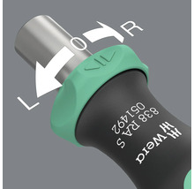 Detaljbild av Weras omkopplingsbara spärrskruvmejsel med instruktioner för rotationsriktning och spärr