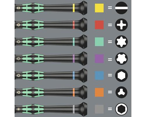 Skruvmejselset med olika huvuden, färgkodade för identifiering