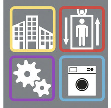 Symbolbilder för byggnad, hiss, växel och tvättmaskin