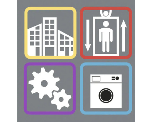 Symbolbilder för byggnad, hiss, växel och tvättmaskin