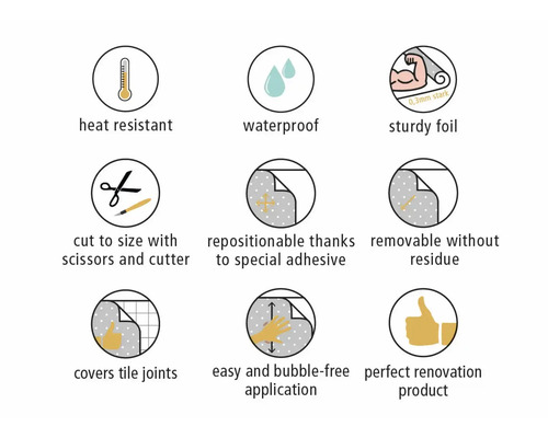 Egenskaper: Värmebeständig, vattentät, robust folie, kan skäras till med sax och kniv, kan flyttas tack vare speciallim, kan tas bort utan rester, täcker kakelfogar, enkel och bubbelfri applicering, perfekt renoveringsprodukt