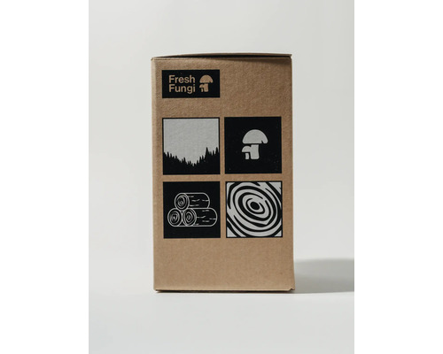 Förpackning med Fresh Fungi-logotyp och diverse symboler