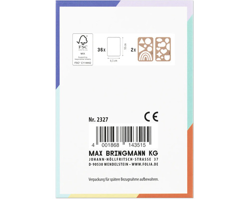 Förpackning med FSC-sigill, storleksinformation och CE-märkning