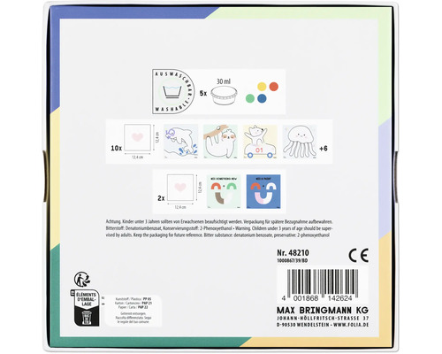 Förpackning med tvättbara målarbilder, färger och behållare