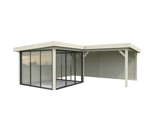 Trädgårdshus med glasfront och öppen tillbyggnad