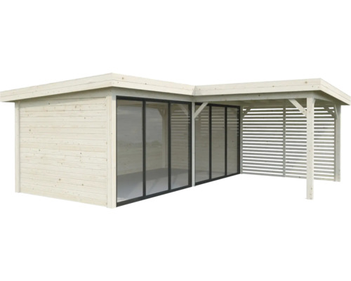 Trädgårdshus i trä med glasfront och täckt terrass