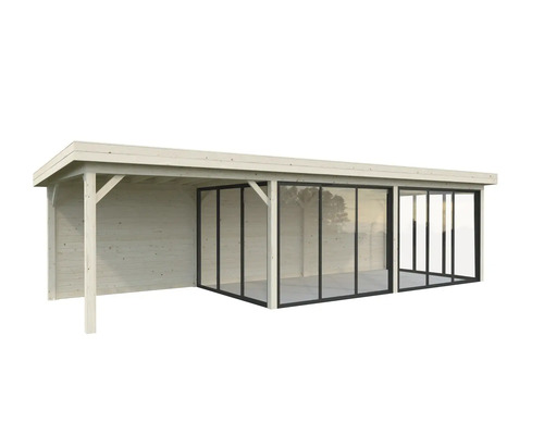 Träpaviljong med skjutdörrar