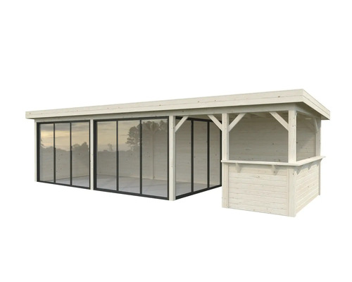 Träpoolhus med skjutdörrar och bar