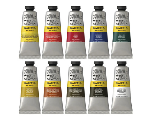 Tio tuber Winsor & Newton Galeria akrylfärger i olika nyanser.