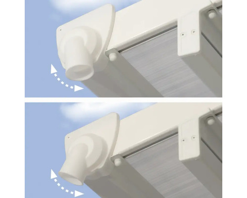 Detalj av markis med justerbart vattenavlopp