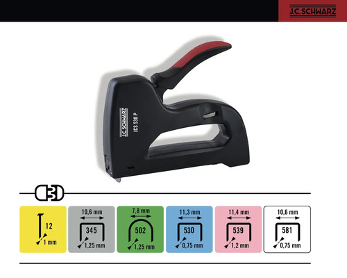 J C Schwarz häftapparat med information om klammer
