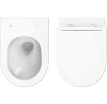 Vägghängd toalett med djup spolning och toalettsits ovanifrån