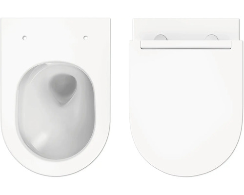 Vägghängd toalett med djup spolning och toalettsits ovanifrån