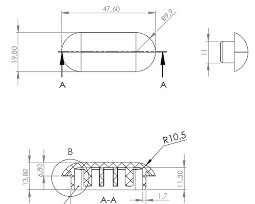 Teknisk ritning av en möbelglidare med dimensioner