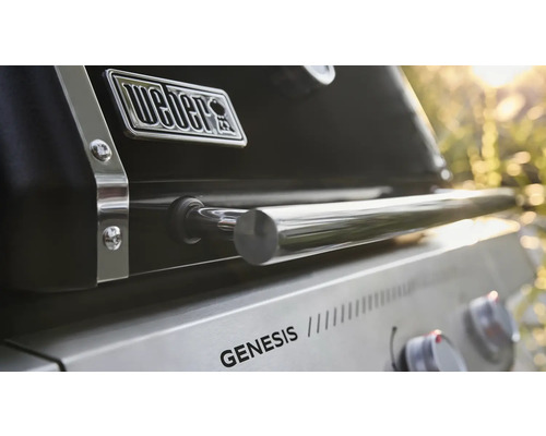 Detaljvy av en Weber Genesis-grill med handtag och logotyp