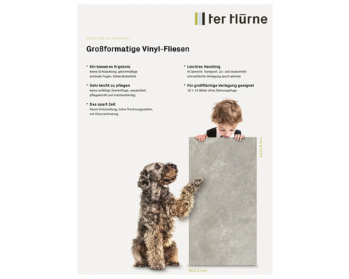 Storformat vinylplatta med måtten 603,3 gånger 1212,9 millimeter, presenterad av hund och barn.