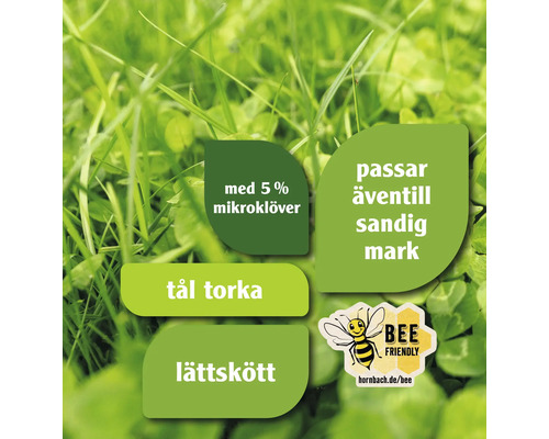 Information om gräsmatta: Med 5 % mikroklöver, passar även till sandig mark, tål torka, lättskött, bi-vänlig