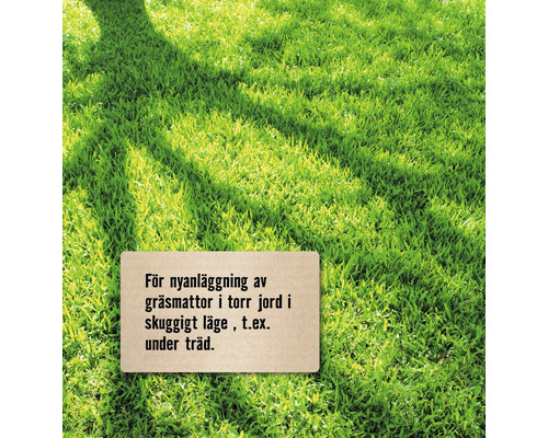 Skylt med text på gräsmatta för nyanläggning av gräs i torr jord i skuggigt läge, till exempel under träd.