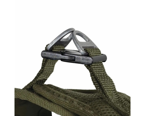 Detaljvy av en grön hundsele med silverfärgade metallöglor och svart plastspänne