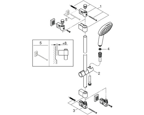 Sprängskiss av en duschstång med handdusch, hållare och fästmaterial