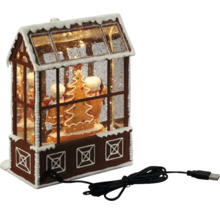 Dekorativ snöglob i form av ett pepparkakshus med LED-belysning och USB-kabel