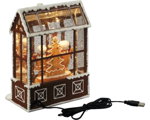 Dekorativ snöglob i form av ett pepparkakshus med LED-belysning och USB-kabel