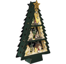 Dekorativ julgran i trä med stjärnor och hus